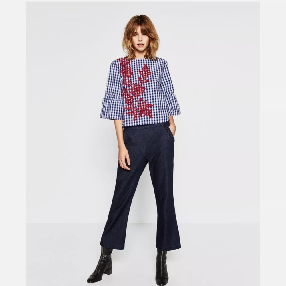 Zara Woman Cropped Blouse Blue/White Gingham Red Embroidery Bell Sleeve